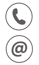 Zwei Symbole: Oben ein Telefonhörer, der ein Telefonsymbol darstellt, und darunter ein @-Symbol, das für E-Mail oder digitale Kommunikation steht.